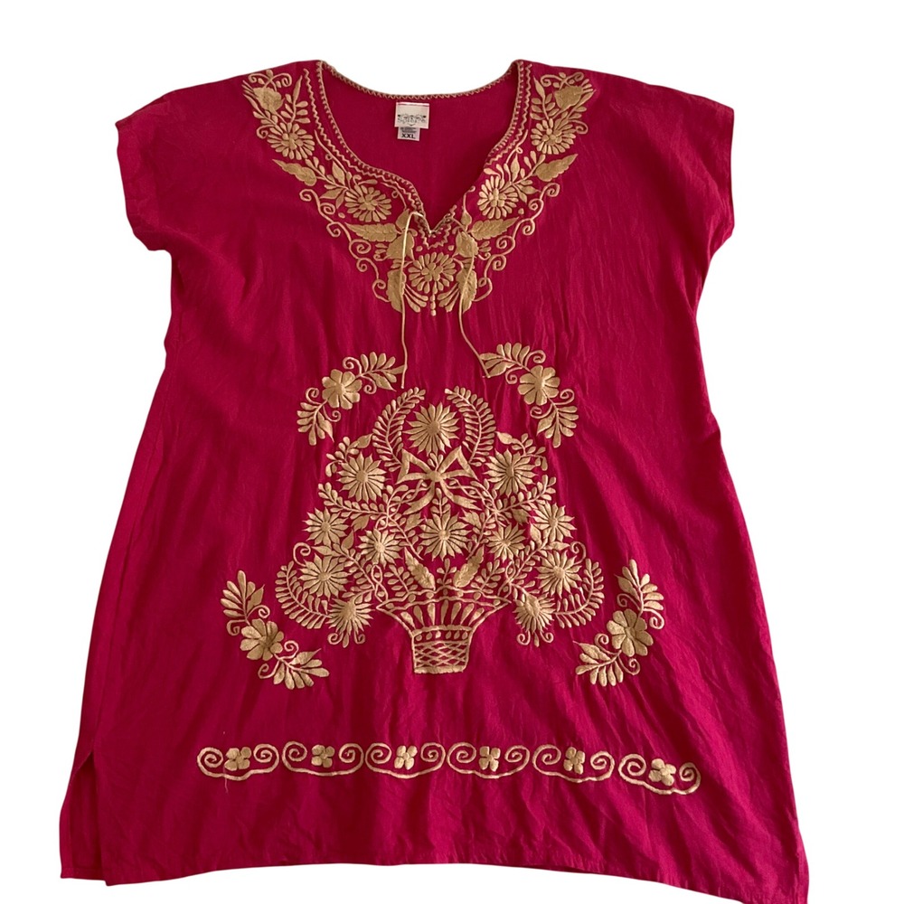 Mexican Embroidered Tunic Women XXL Pink Floral Boho Peasant Top